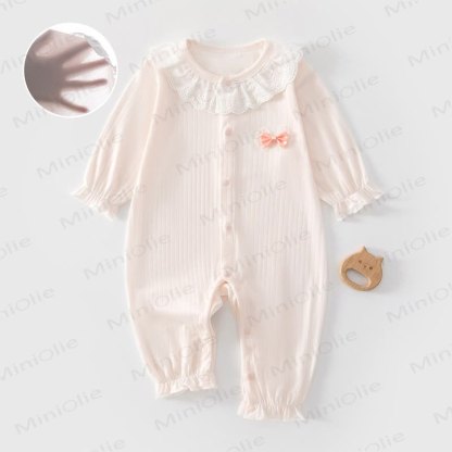 Baby Ribbed Lace Collar Long Sleeve Romper - Pink - 18-24M - image 1