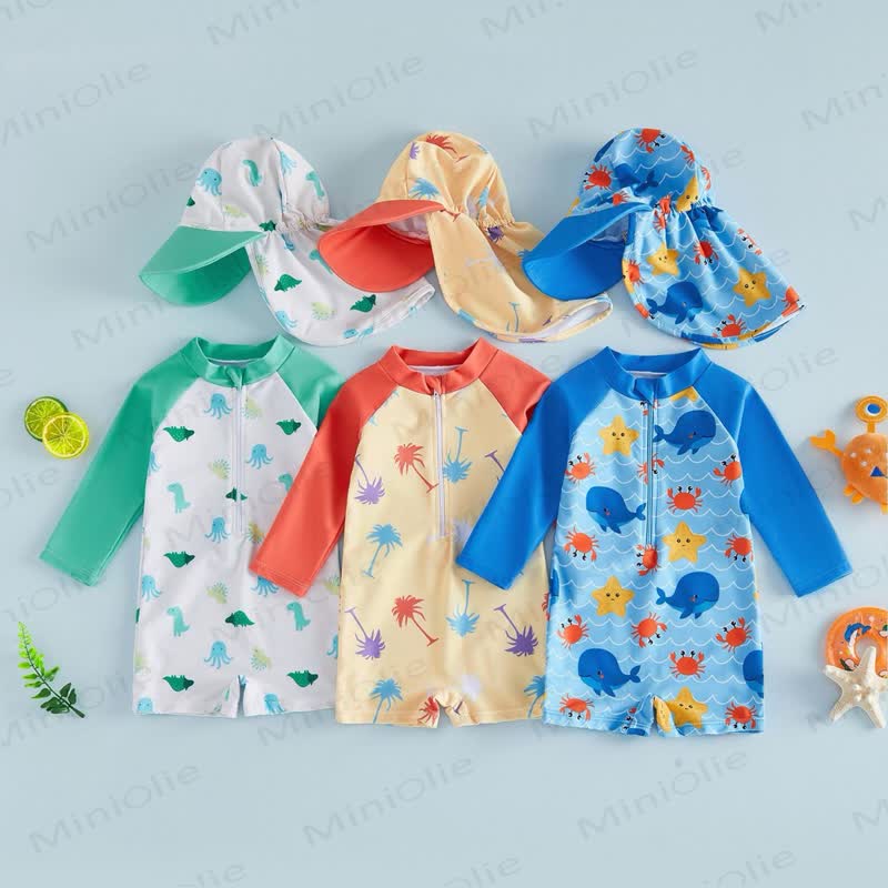 Baby Ocean Print Long Sleeve Swimsuit with Hat - Blue - 18-24M - image 1