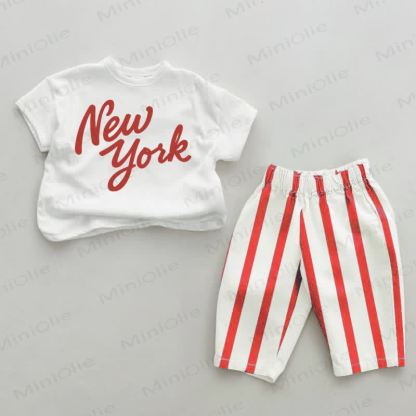 NEW YORK Baby Red Striped Pants 2-piece Set - White&Red - 2-3T - image 1