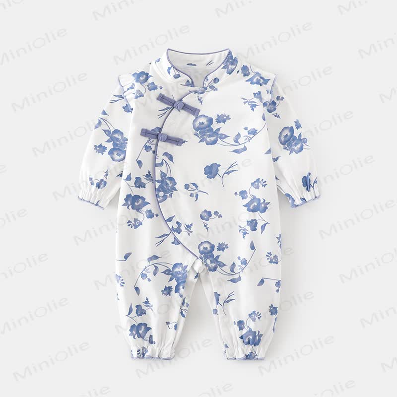 Baby Girl Floral Knot Button Romper - Blue - 18-24M - image 1