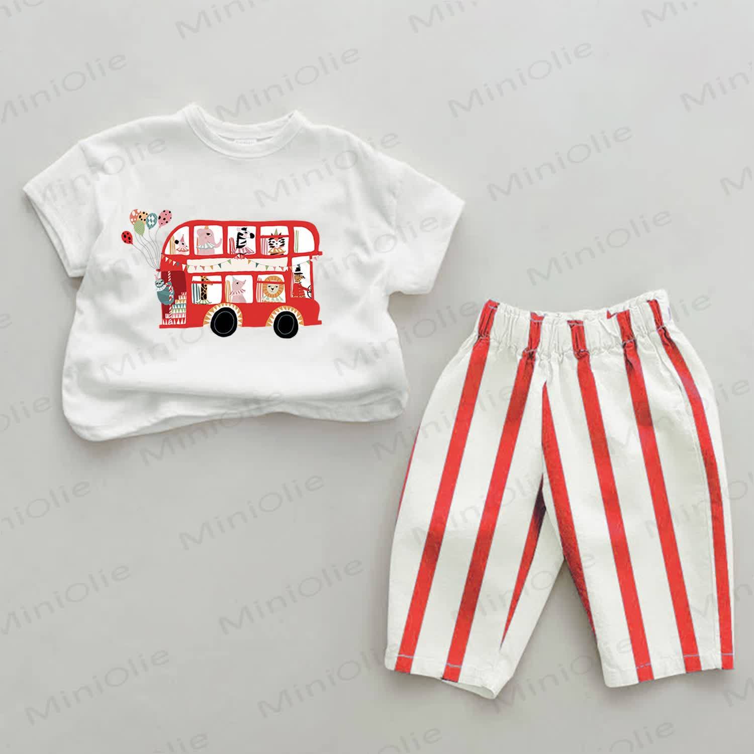 Baby Animal Road Trip Bus Red Striped 2-piece Set - White&Red - 2-3T - image 1