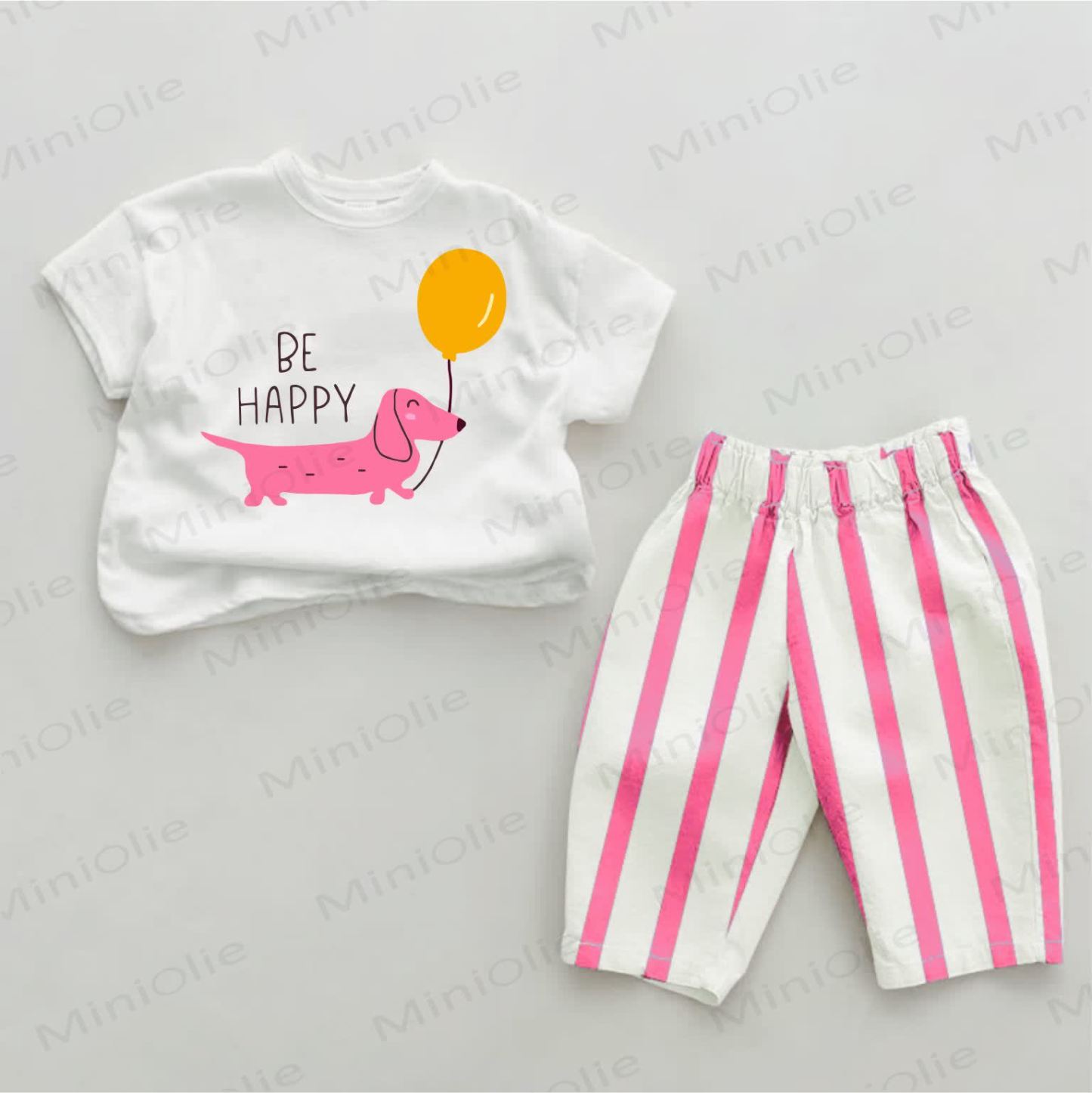 BE HAPPY Baby Dachshund with Balloon Striped 2-piece Set - White&Pink - 2-3T - image 1