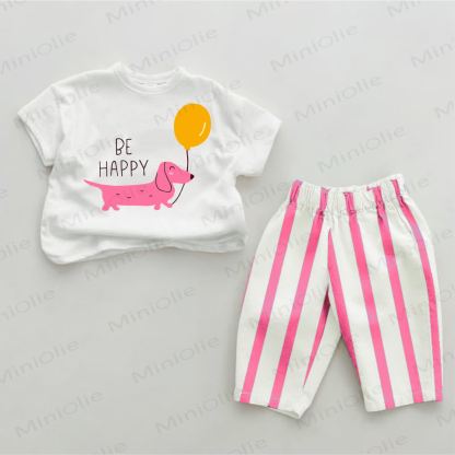 BE HAPPY Baby Dachshund with Balloon Striped 2-piece Set - White&Pink - 2-3T - image 1