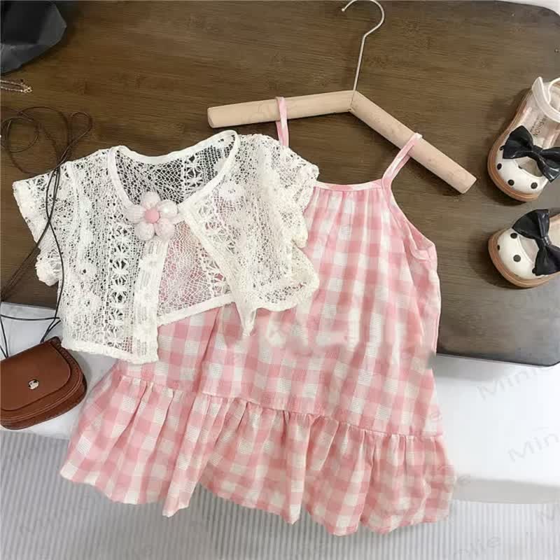 Baby Toddler Pink Plaid Dress with Lace Vest - Light Pink - 8-9T - image 1