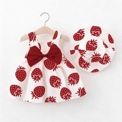 Baby Girl Strawberry Bow Dress with Hat - White - 2-3T - image 1