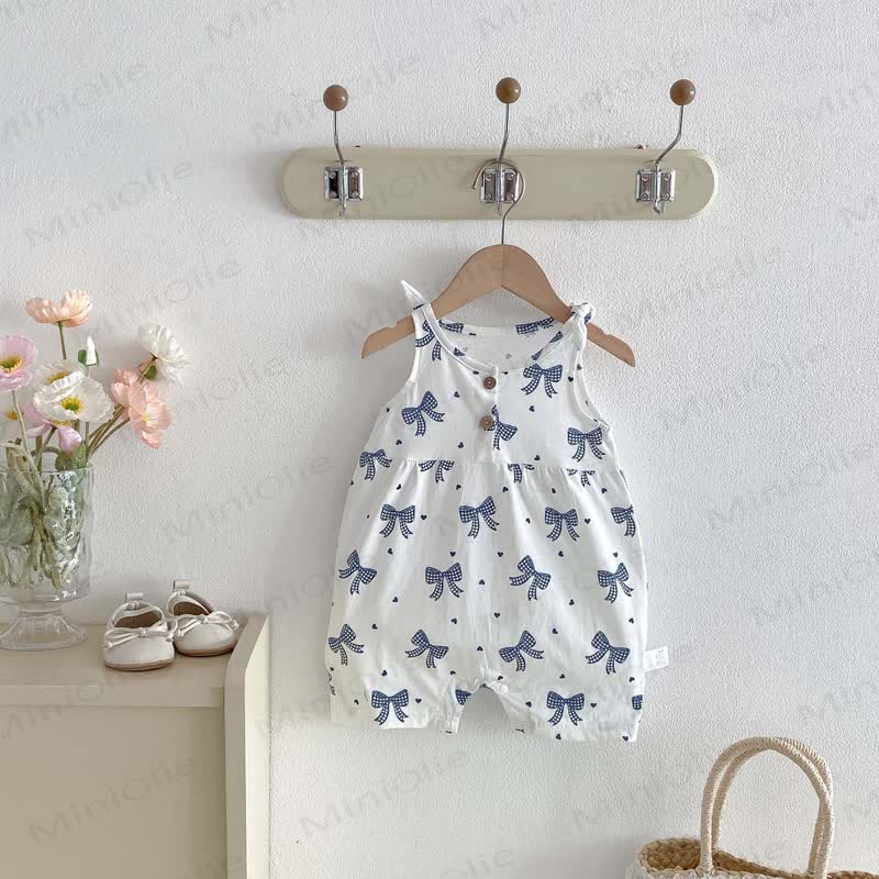 Baby Breathable Soft Cotton Blend Tie Strap Summer Romper - White Bow - 18-24M - image 6