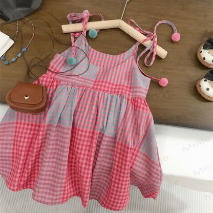 Toddler Kid Red Plaid Pompom Dress - Red - 8-9T - image 1