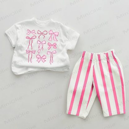 Baby Pink Bows Vertical Striped 2-piece Set - White&Pink - 2-3T - image 1