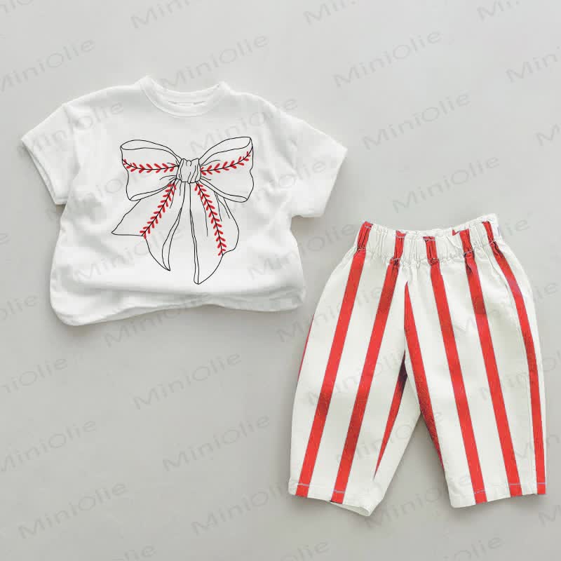 Baby Baseball Bownot Red Striped Pants 2-piece Set - White&Red - 2-3T - image 1