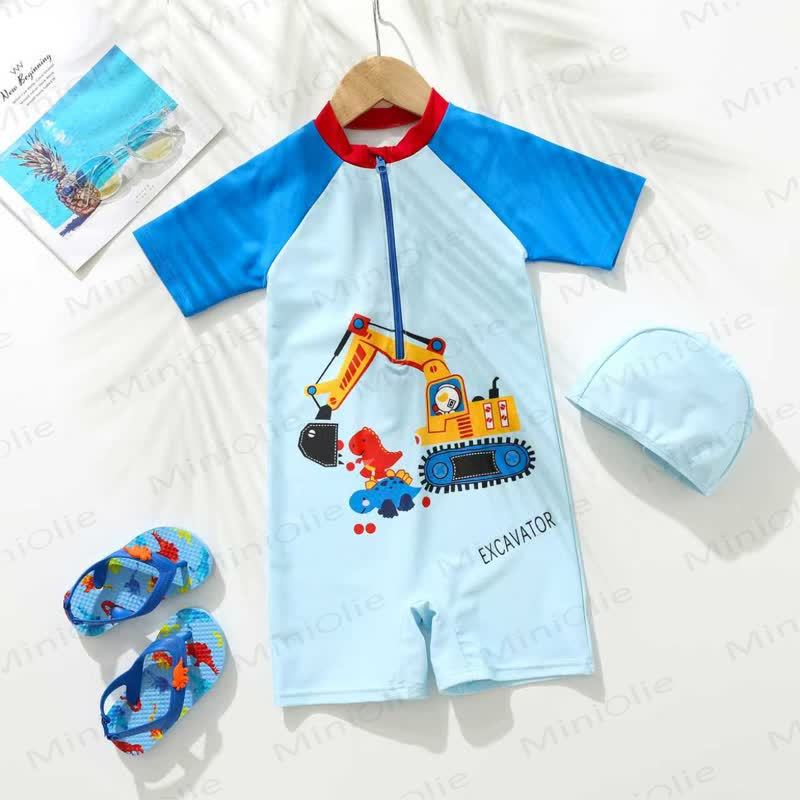 BIG SHARK Toddler Dolphin Zip Front Quick Dry Swim Dress Romper - Excavator - 8-9T - image 5
