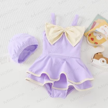 Toddler Girl Bow Swimsuit with Hat - Purple - 8-9T - image 1