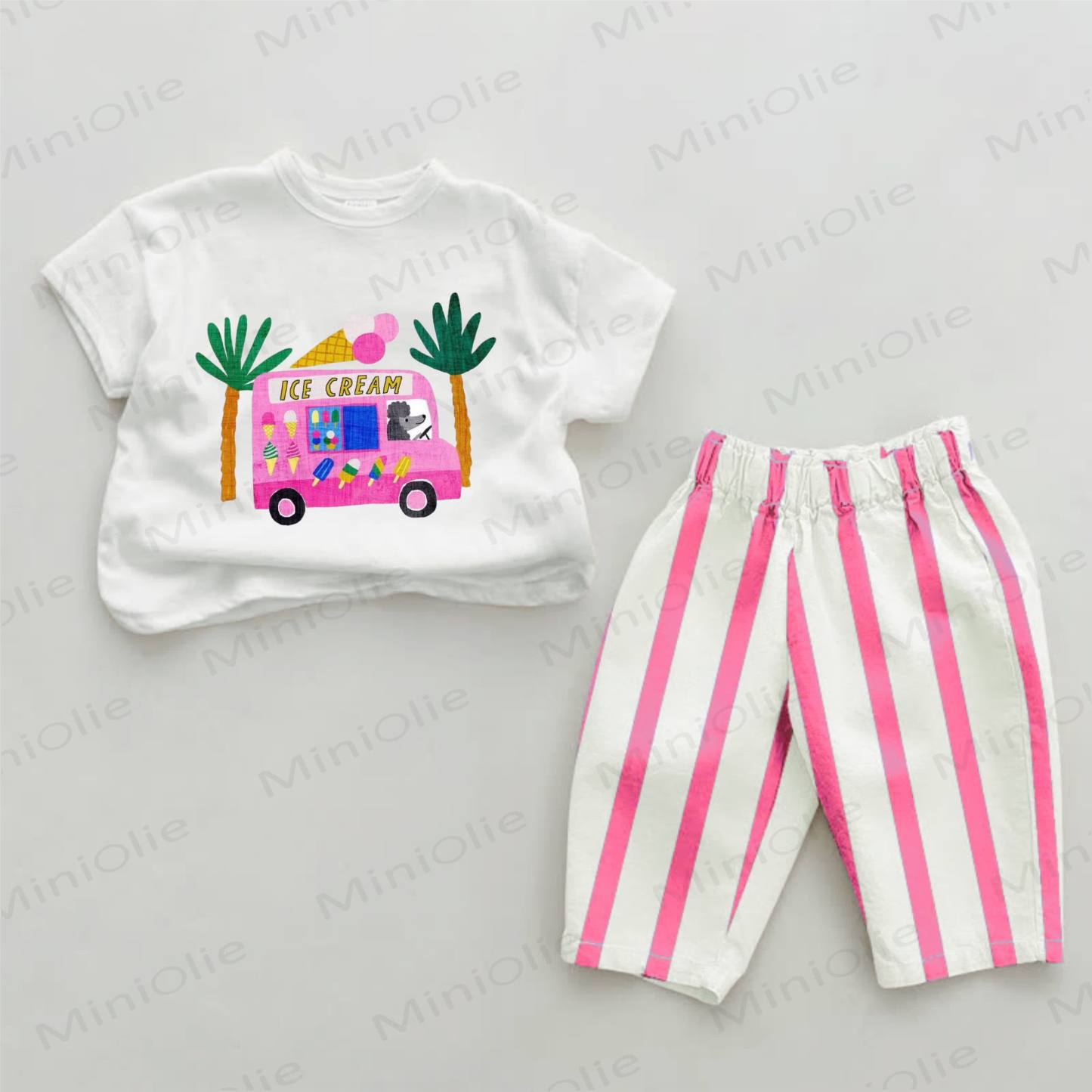 ICE CREAM Baby Pink Truck Vertical Striped 2-piece Set - White&Pink - 2-3T - image 1