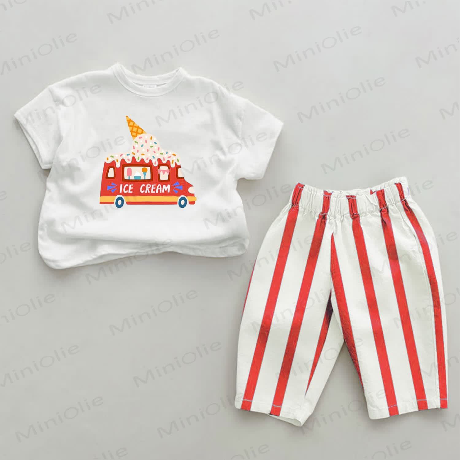ICE CREAM Baby Red Truck Striped Pants 2-piece Set - White&Red - 2-3T - image 1