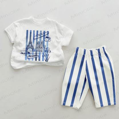 Baby Paris Architecture Blue Vertical Striped 2-piece Set - White&Blue - 2-3T - image 1