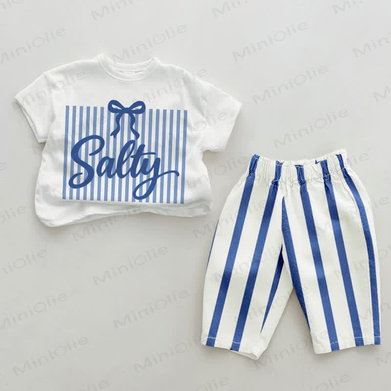SALTY Baby Bow Vertical Striped 2-piece Set - White&Blue - 2-3T - image 1