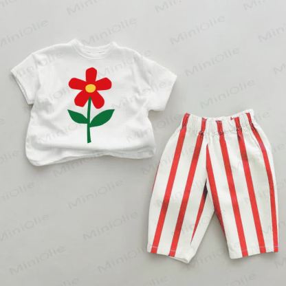 Baby Red Flower Striped Pants 2-piece Set - White&Red - 2-3T - image 1