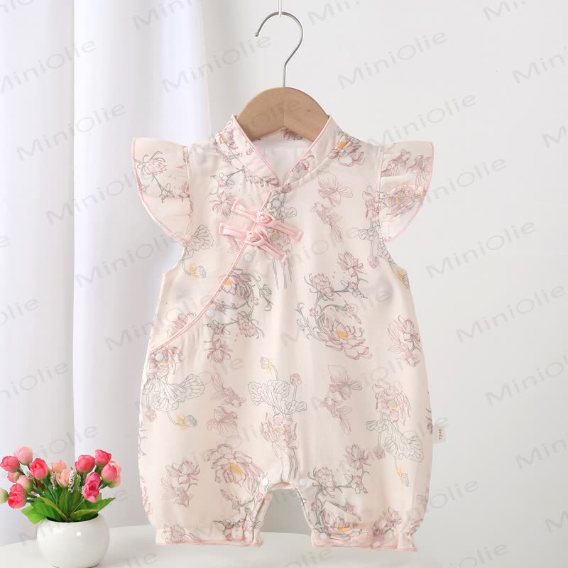 Baby Knot Button Floral Flutter Sleeve Romper - Pink - 18-24M - image 1