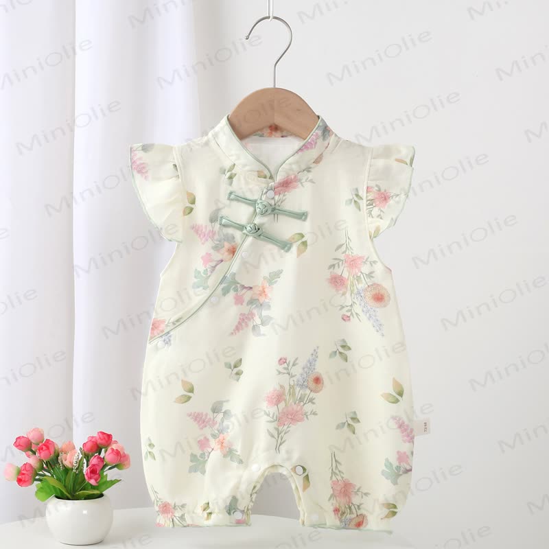 Baby Knot Button Floral Flutter Sleeve Romper - Green - 18-24M - image 2