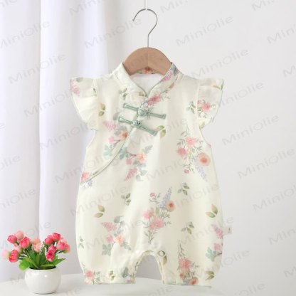 Baby Knot Button Floral Flutter Sleeve Romper - Green - 18-24M - image 2