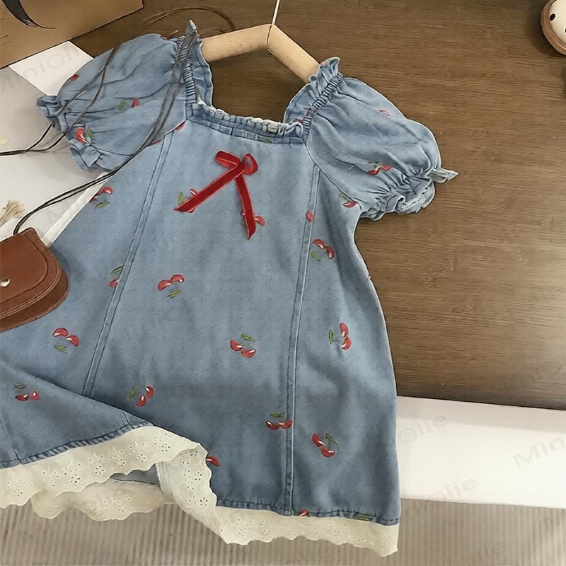 Toddler Girls Cherry Blue Denim Dress - Blue - 8-9T - image 1