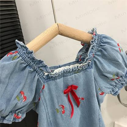 Toddler Girls Cherry Blue Denim Dress - image 3