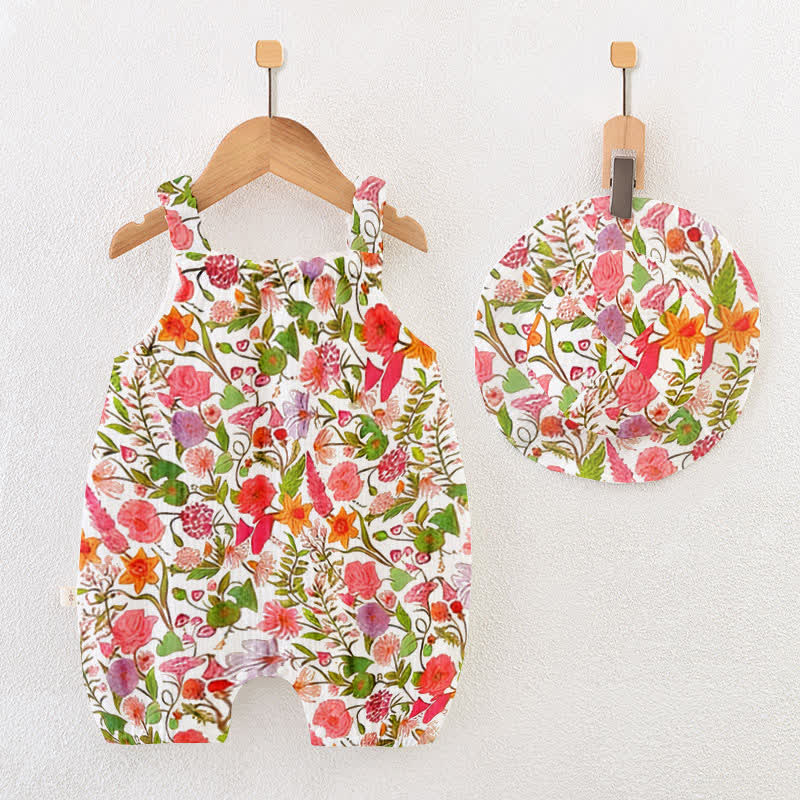 Baby Spring Red Floral Romper With Hat - Red - 18-24M - image 1