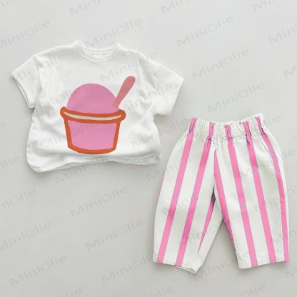 Baby Ice Cream Vertical Striped 2-piece Set - White&Pink - 2-3T - image 2