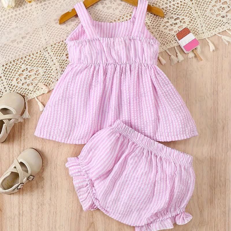 Baby Girls' Pink Striped Bow Vest and Shorts Set - image 2