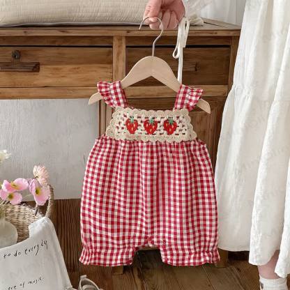 Baby Red and White Wheckered Strap Strawberry Sleeve Romper - image 2