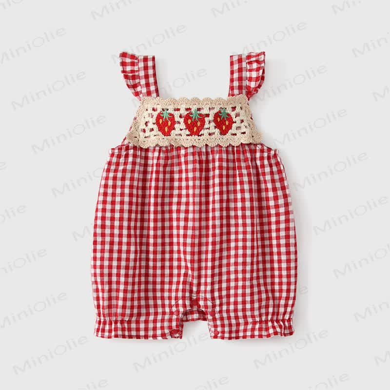 Baby Red and White Wheckered Strap Strawberry Sleeve Romper - Red - 18-24M - image 1