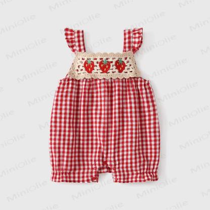 Baby Red and White Wheckered Strap Strawberry Sleeve Romper - Red - 18-24M - image 1