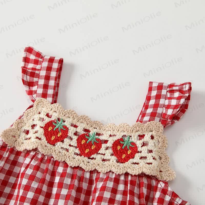 Baby Red and White Wheckered Strap Strawberry Sleeve Romper - image 3