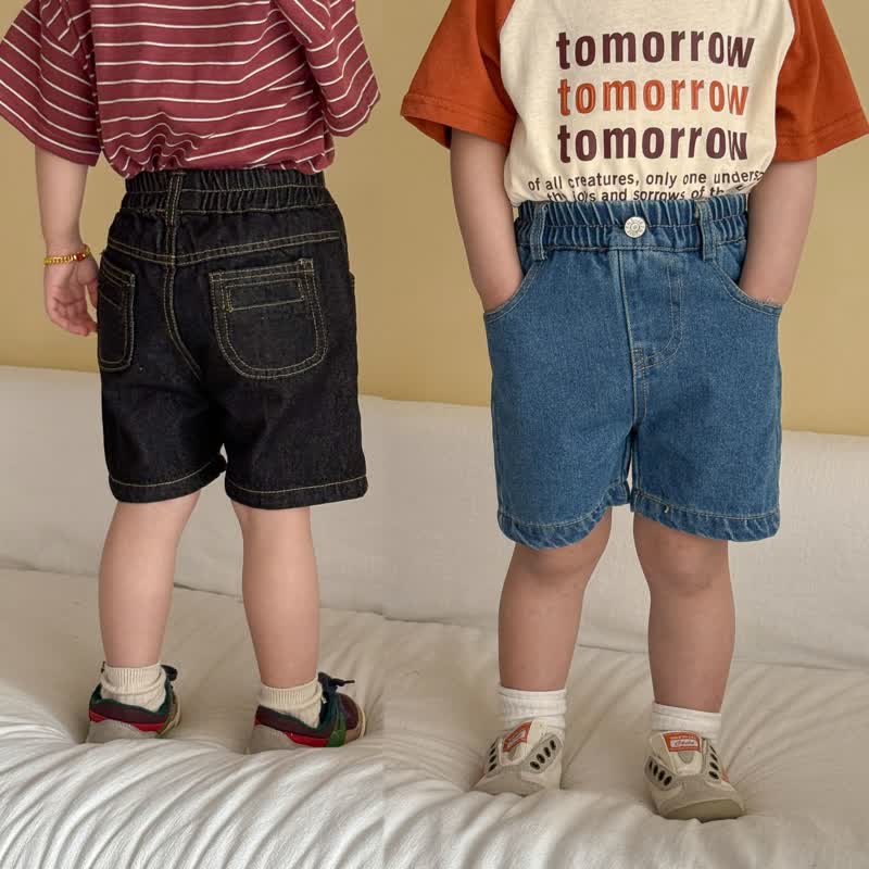 Toddler Kid Solid Color Elastic Waist Denim Shorts - image 1