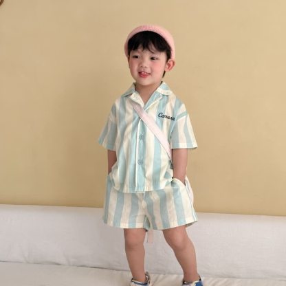 CAMERA Toddler Kid Striped Cotton Linen Casual Set - Blue - 10-11T - image 3