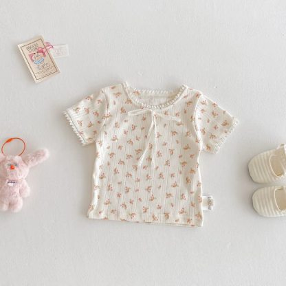Baby Toddler Girl Ribbed Knit Lace Trim T-shirt - Apricot Floral - 4-5T - image 4