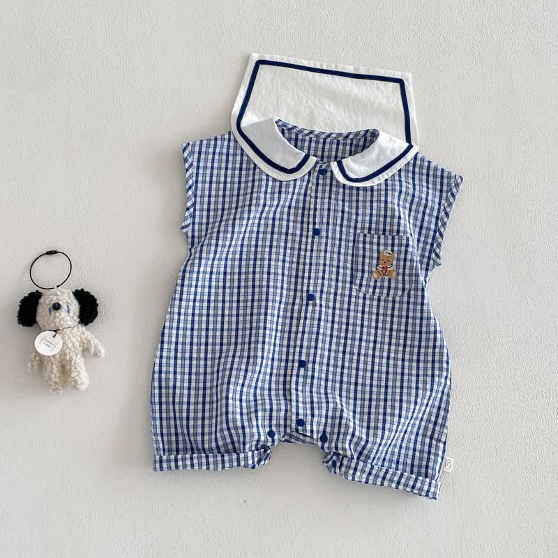 Baby Bear Blue Plaid Snaps Sleeveless Romper - image 2