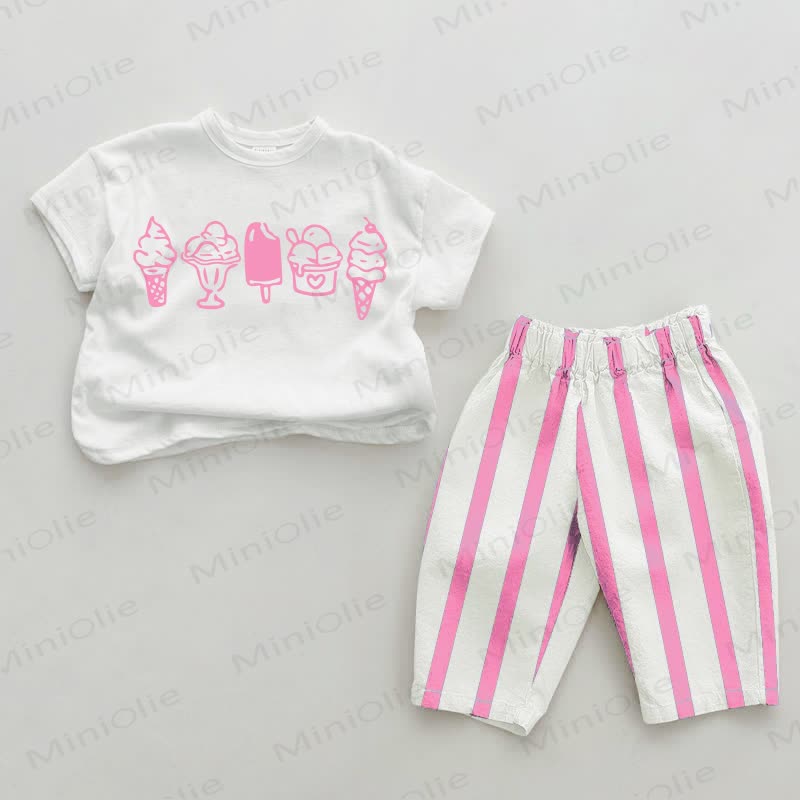 Baby Ice Cream Pattern Vertical Striped 2-piece Set - White&Pink - 2-3T - image 2