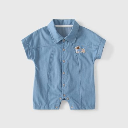 Baby Blue Puppy Jean Romper - image 2