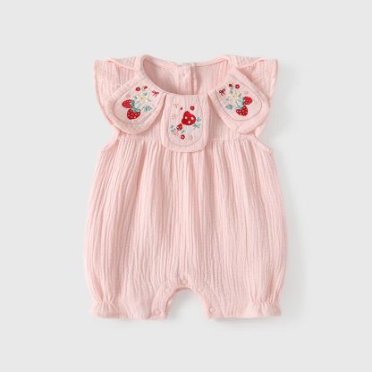 Baby Pink Mushroom and Strawberry Cotton Sleeveless Romper - image 2