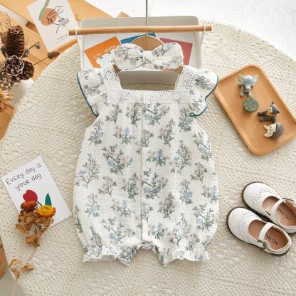 Baby Floral Lace Square Neck Sleeveless Romper - Beige - 18-24M - image 1
