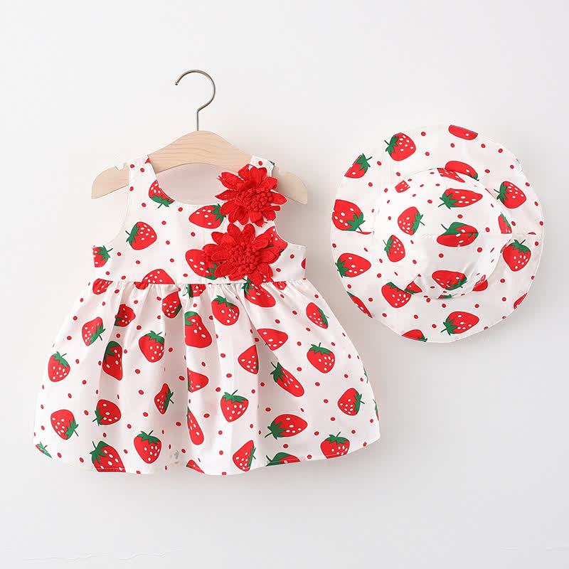 Baby Cotton Strawberry or Heart Print Sleeveless Dress with Hat - Red - 2-3T - image 3