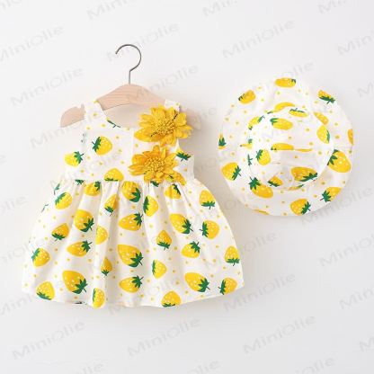 Baby Cotton Strawberry or Heart Print Sleeveless Dress with Hat - Yellow - 2-3T - image 2
