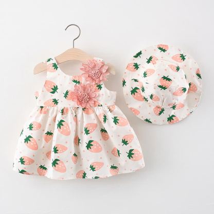 Baby Cotton Strawberry or Heart Print Sleeveless Dress with Hat - Pink - 2-3T - image 1