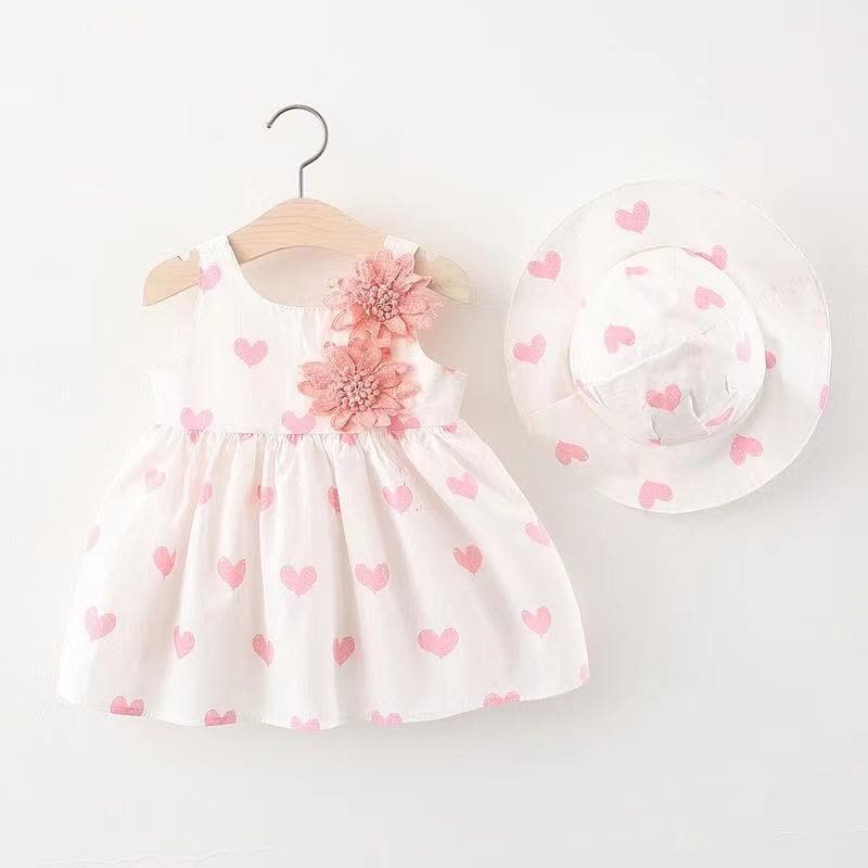 Baby Cotton Strawberry or Heart Print Sleeveless Dress with Hat - Heart Pink - 2-3T - image 4