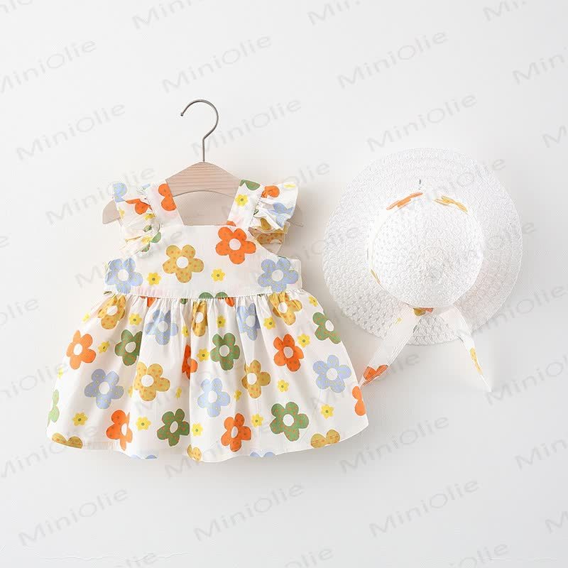 Baby Cotton Floral Print Purple or Orange Dress with Hat - Orange - 2-3T - image 2