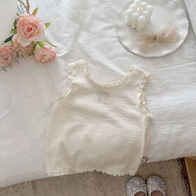 Toddler Girl Cotton Bow Dress or White Vest - Beige - 6-7T - image 3