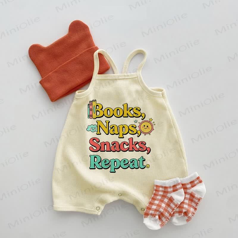 BOOKS, NAPS, SNACKS, REPEAT Baby Waffle Suspenders Romper - Beige - 18-24M - image 1