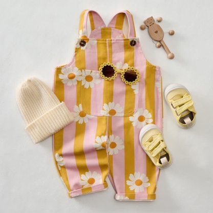 Baby Toddler Daisy Pink & Yellow Vertical Striped Overalls - image 2