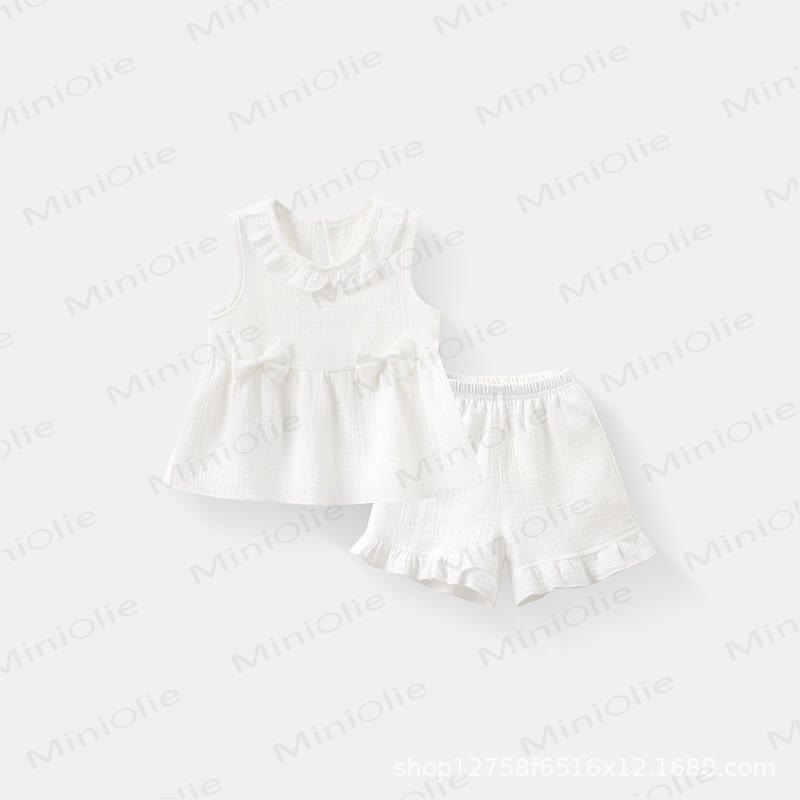 Toddler Girl Cotton Ruffle Solid Color Tank Top and Shorts Set  - White - 4-5T - image 2
