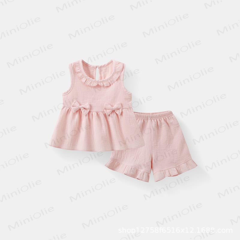 Toddler Girl Cotton Ruffle Solid Color Tank Top and Shorts Set  - Pink - 4-5T - image 3
